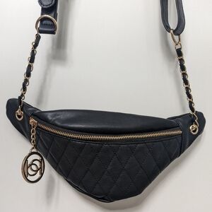 Bebe Lia Sling Bag Black Gold Zip Belt Waist, Hip. Belt Bag